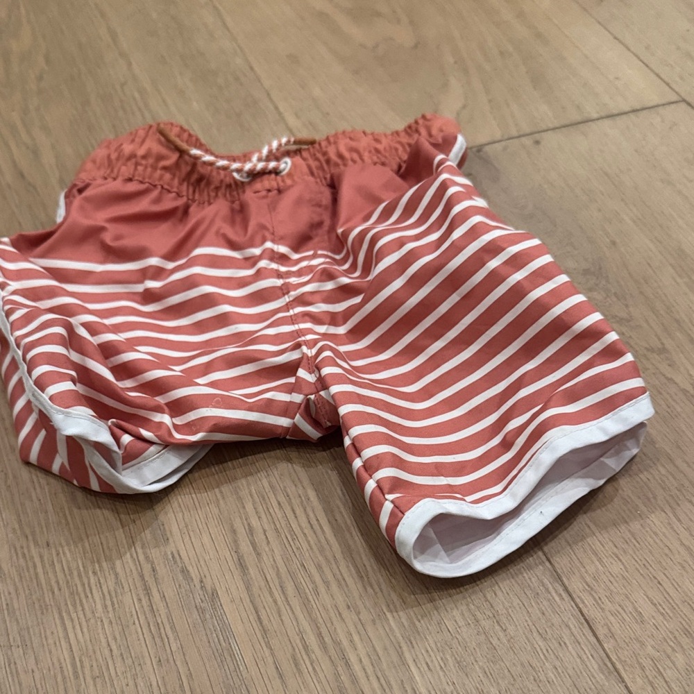 Cat & Jack Rusty Coral and White Striped Swim Shorts
